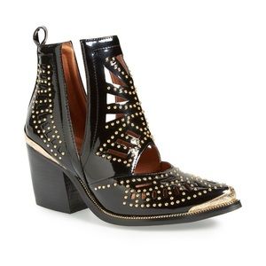 Jeffrey Campbell Black Patent Studded Cutout Ankle Booties with Gold Trim